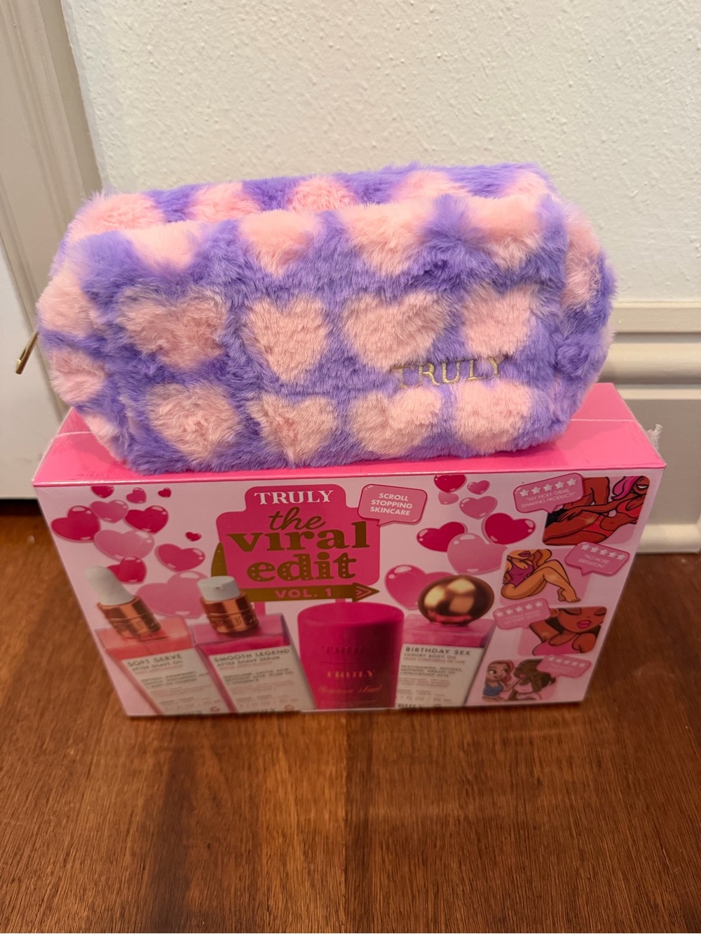 TRULY Purple & Pink Heart Plush Cosmetic Pouch
